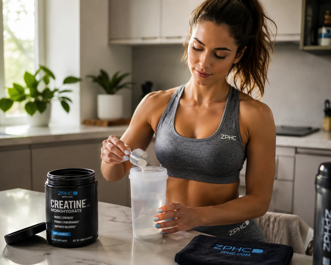 Woman preparing creatine monohydrate in a shaker beside a CLUB ZPHC supplement tub.