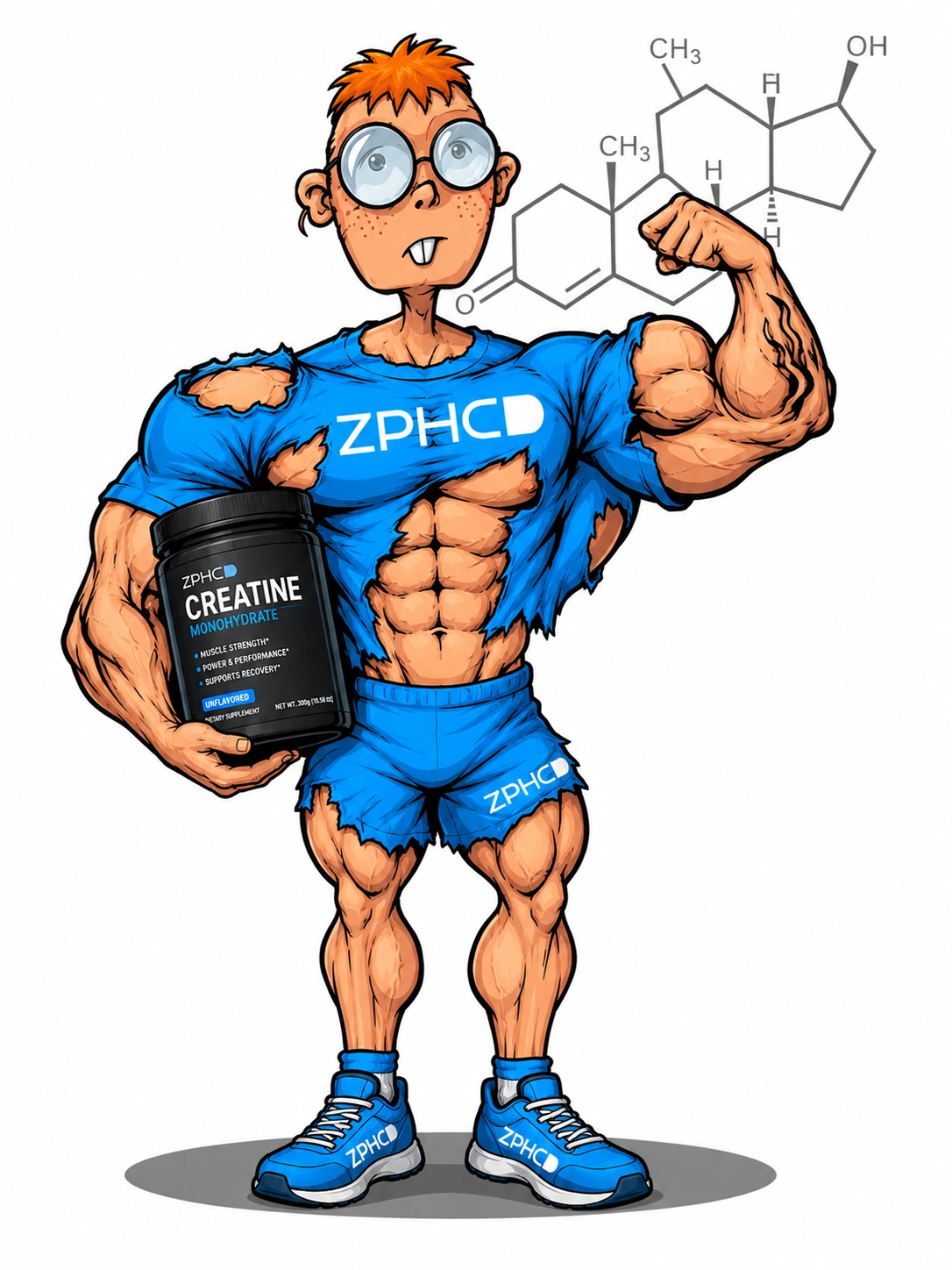 Cartoon ZPHC athlete holding creatine monohydrate with a chemical structure in the background.